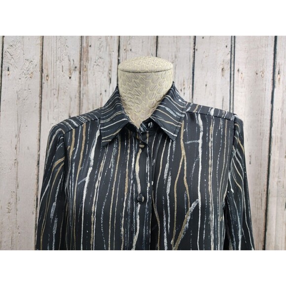 LM Women's Size 8 Zelda Black & Gold LS Silky Button Down Dress Shirt Blouse EUC - Picture 2 of 9